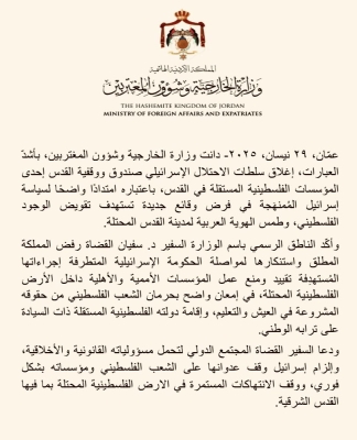 الأردن يدين اغلاق الاحتلال صندوق ووقفية القدس