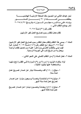 إرادة ملكية بنظام معدل لنظام رسوم تصاريح العمل لغير الأردنيين
