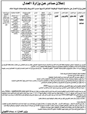 وزارة العدل تطلب موظفين يحملون البكالوريس
