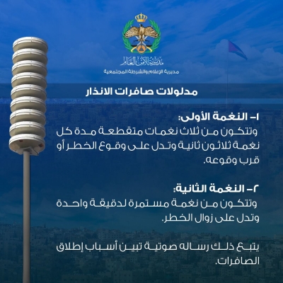 الأردن .. الأمن العام يوضح دلالات صافرات الإنذار