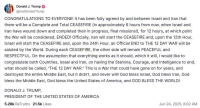 منشور ترمب الذي انهى حرب الـ 12 يوما