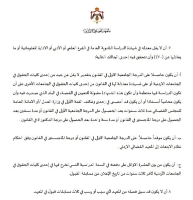 بدء التسجيل في المعهد القضائي بالأردن - تفاصيل