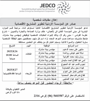 مدعوون لإجراء المقابلة الشخصية لغايات التعيين - أسماء