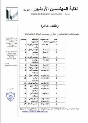 شركة في الكويت تطلب موظفين اردنيين بعدة تخصصات - جدول
