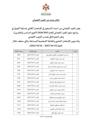 المعهد القضائي يعلن أسماء الناجحين بالامتحان الكتابي ويدعو لمقابلات القبول
