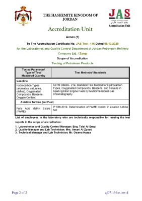 مصفاة البترول الأردنية تنال اعتمادا دوليًا جديدا يعزز ثقة العالم بجودة منتجاتها