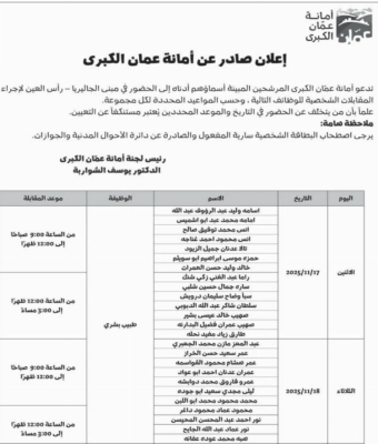 مدعوون للمقابلات الشخصية في أمانة عمان - أسماء