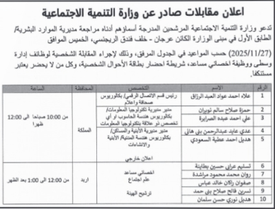 وظائف شاغرة ومدعوون لاجراء المقابلات الشخصية (أسماء)