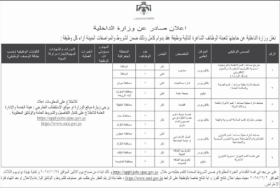 الداخلية والاستثمار تعلنان عن وظائف شاغرة وفق شروط محددة