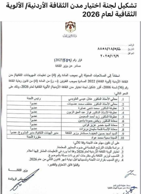 الرواشدة  يقر تشكيل لجنة اختيار مدن الثقافة الأردنية - أسماء
