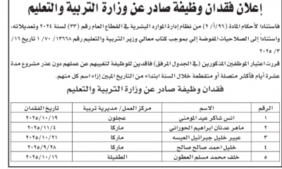التربية تعلن فقدان موظفين لوظائفهم لتغيبهم 10 أيام دون عذر