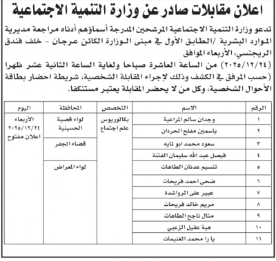 مؤسسات حكومية تعلن عن وظائف شاغرة وتدعو مرشحين لمقابلات التعيين