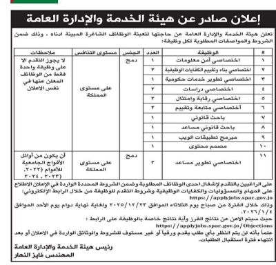 وظائف شاغرة في هيئة الخدمة والإدارة العامة - تفاصيل