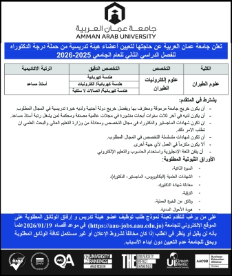 عمان العربية بحاجة لتعيين أعضاء هيئة تدريسية -  تفاصيل