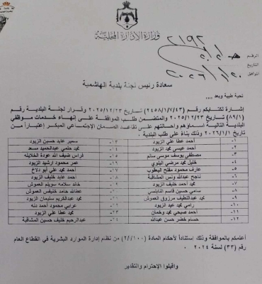 مطالب بالتحقيق في إحالة موظفين للتقاعد ببلدية الهاشمية - وثيفة
