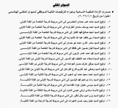 بالاسماء .. إرادة ملكية بترفيع 16موظفا في الديوان الملكي