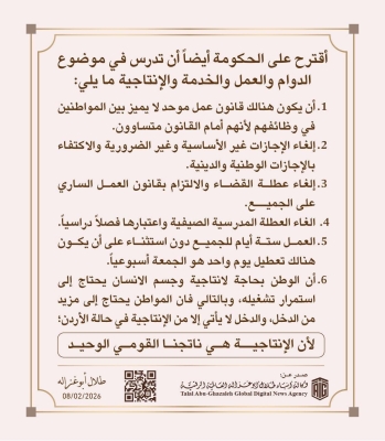 أبو غزالة يقترح: 6 أيام عمل للجميع وإلغاء العطلة المدرسية الصيفية