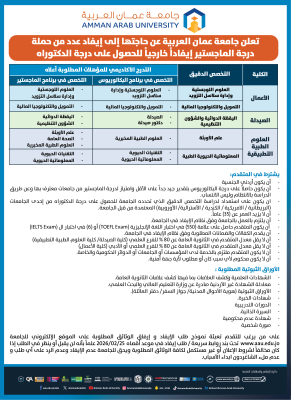 عمان العربية بحاجة لايفاد حملة ماجستير خارجياً للحصول على الدكتوراه