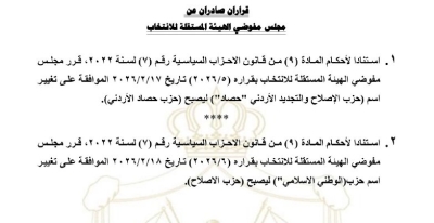 المستقلة للانتخاب: تغيير أسماء حزبي الوطني الإسلامي و الإصلاح والتجديد