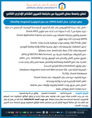 عمان العربية بحاجة لتعيين مطور اوراكل/ محلل أنظمة (APEX)
