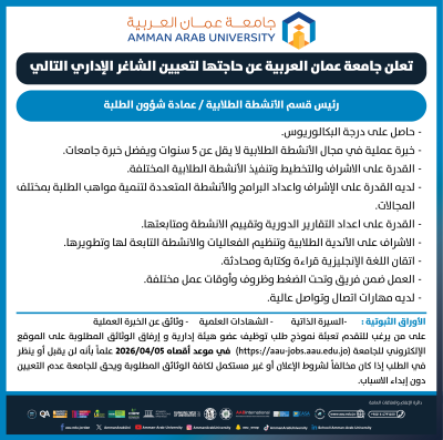 عمان العربية بحاجة لتعيين رئيس قسم الأنشطة