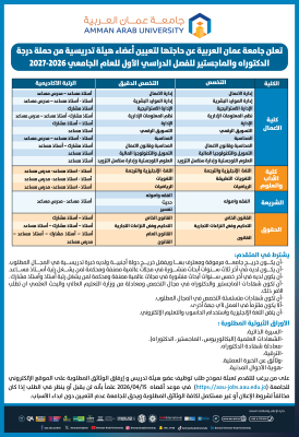 عمان العربية بحاجة لتعيين أعضاء هيئة تدريسية