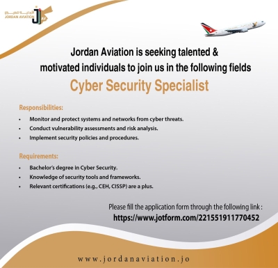 Cyber Security Specialist position available at Jordan Aviation Airline