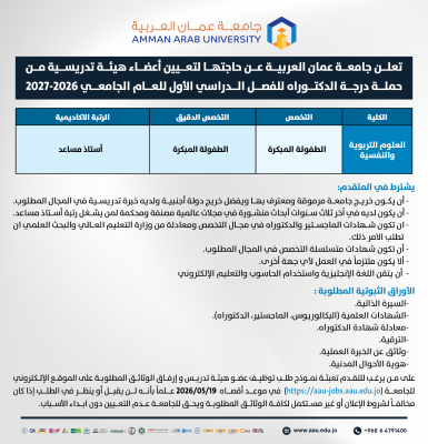 جامعة عمان العربية بحاجة لتعيين أعضاء هيئة تدريسية