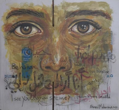 (أنا أراك، هل تراني؟) ..  قصص من غزة ترويها لوحات فنان فلسطيني على طرود المساعدات