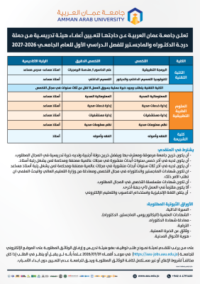 جامعة عمان العربية عن حاجتها لتعيين أعضاء هيئة تدريسية