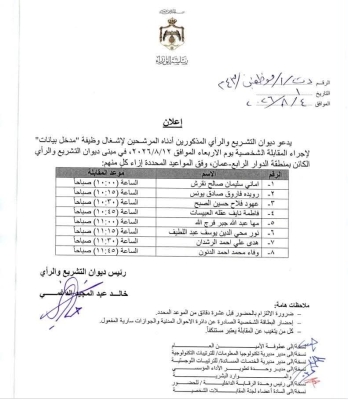 ديوان التشريع والرأي يدعو مرشحين لوظيفة (مدخل بيانات) للمقابلة الشخصية