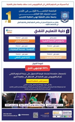 عمان الأهليّة تهنئ الناجحين بالثانوية العامة وتُعلن عن استمرار القبول والتسجيل بكلية التعليم التقني