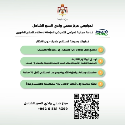 الاردن .. الصحة تطلق خدمة “واتس ثرو” لاستلام أدوية الأمراض المزمنة في 4 مراكز صحية