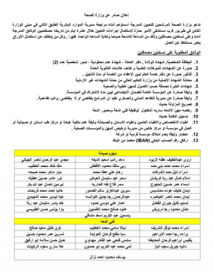 الصحة تدعو مرشحين للتعيين إلى استكمال إجراءاتهم خلال 10 أيام - أسماء