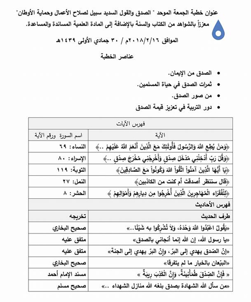 خطبة الجمعة الحكومية عن الصدق