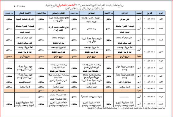 إعلان برنامج الامتحان التكميلي للتوجيهي 