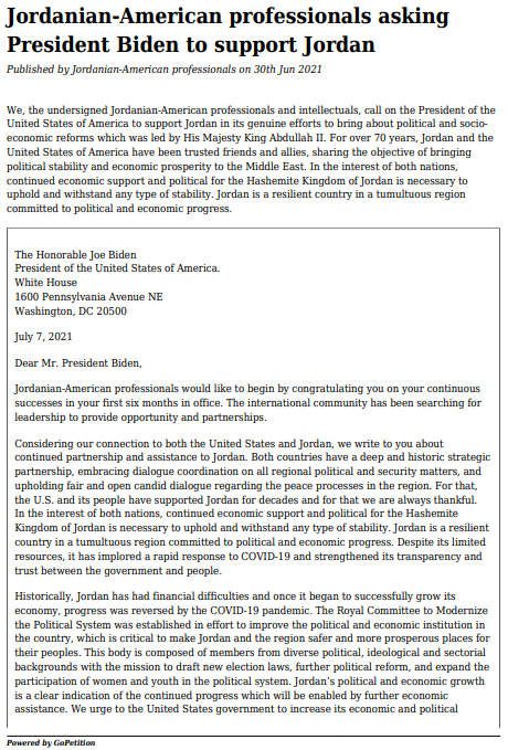 رسالة من أردنيين أميركيين لبايدن