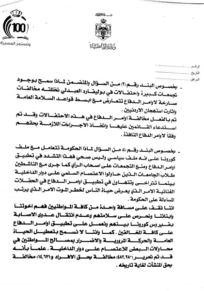 العرموطي ينشر جواب الفراية حول إقامة الحفلات