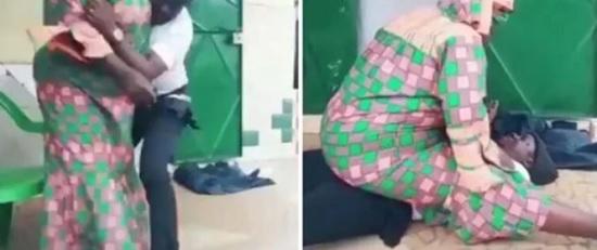 فيديو طريف لامرأة توقع زوجها أرضًا وتجلس فوقه