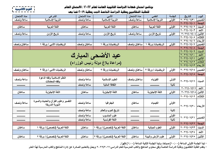 التربية تعلن برنامج امتحانات التوجيهي 2022 - تفاصيل