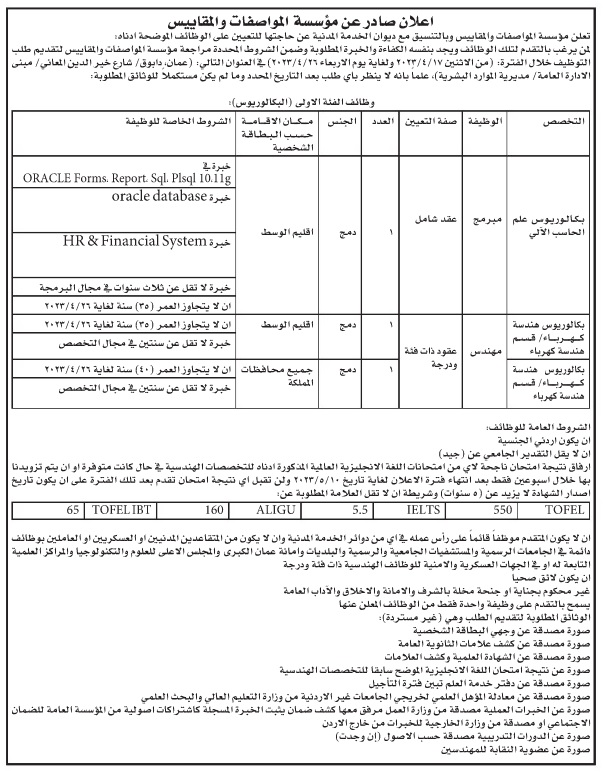 وظائف شاغرة في مؤسسة المواصفات والمقاييس