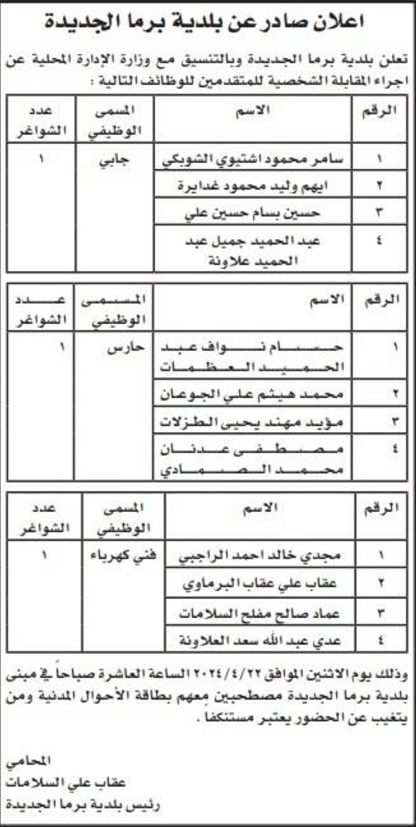 وظائف شاغرة ومدعوون للتعيين  -  اسماء