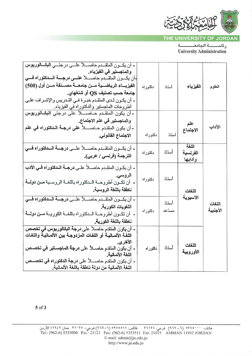 الأردنية تعلن حاجتها إلى تعيين أعضاء هيئة تدريس - التفاصيل