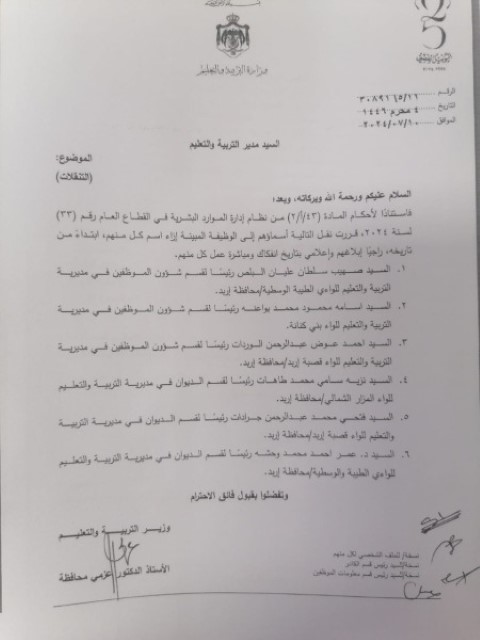 الأردن..تنقلات في التربية (أسماء)