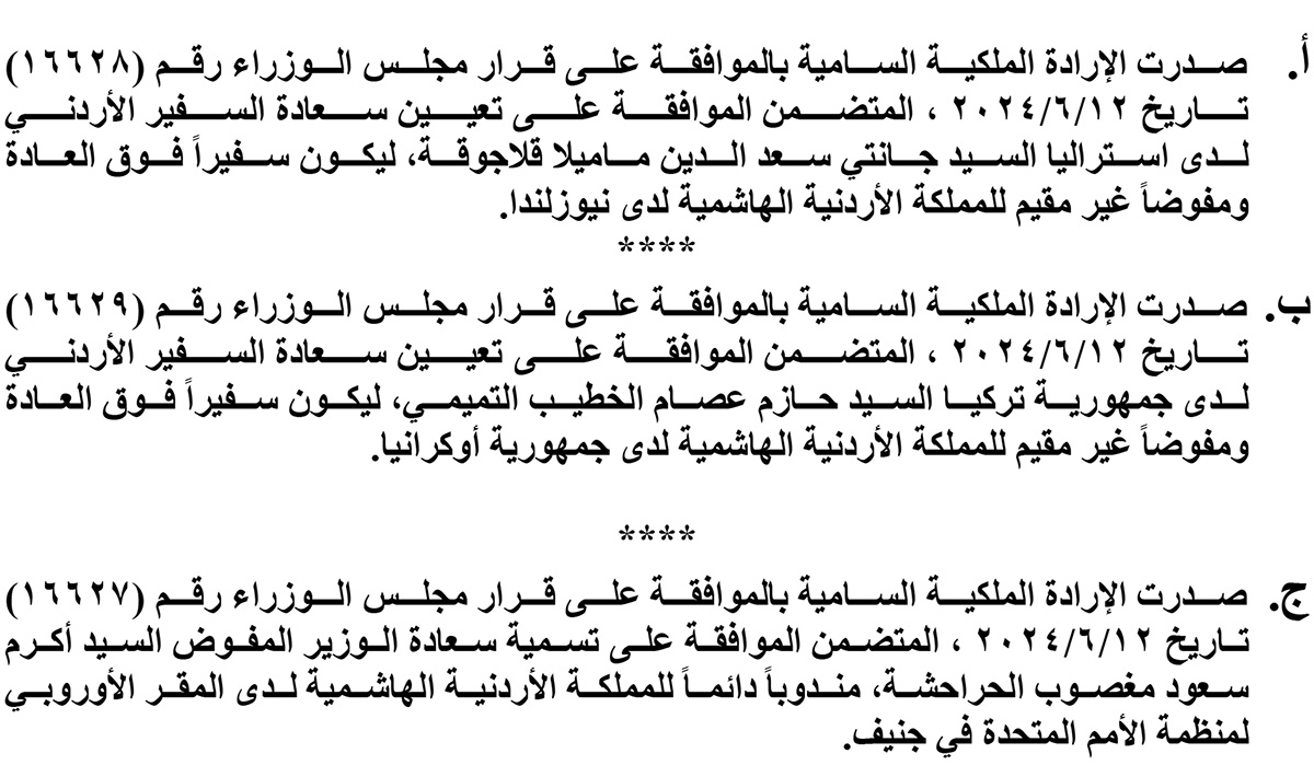 إرادات ملكية بـ قلاجوقة والتميمي والحراحشة