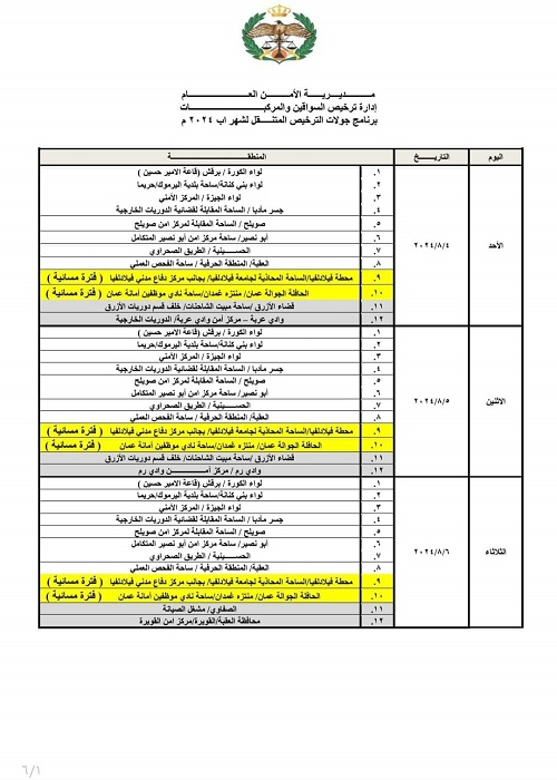 الأردن.. مواعيد جولات الترخيص المتنقل في آب