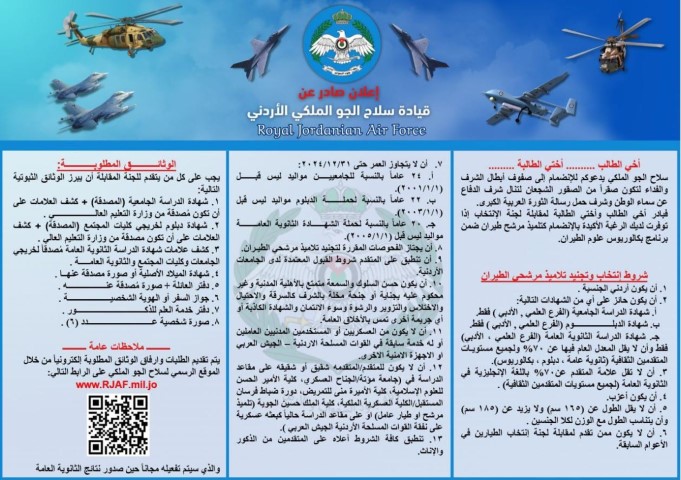 سلاح الجو الأردني يعيد التذكير برغبته بتجنيد طيارين