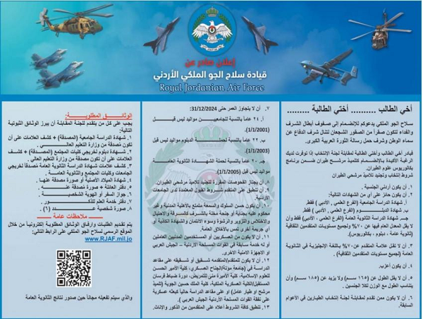 الأردن .. سلاح الجو يفتح باب التجنيد للذكور والإناث