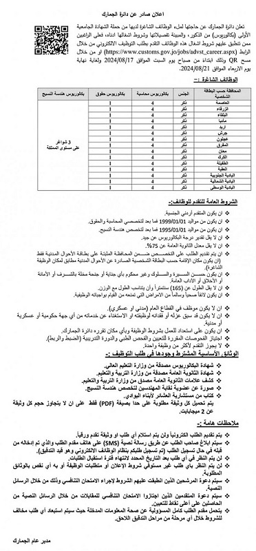 الجمارك تطلب تخصصات محاسبة وحقوق وهندسة - رابط