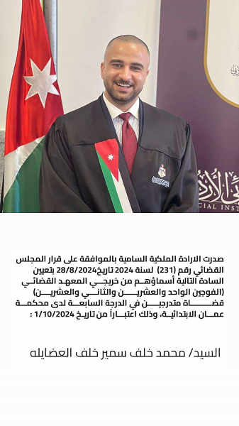 القاضي محمد خلف العضايلة قاضيا في محكمة عمان الابتدائية